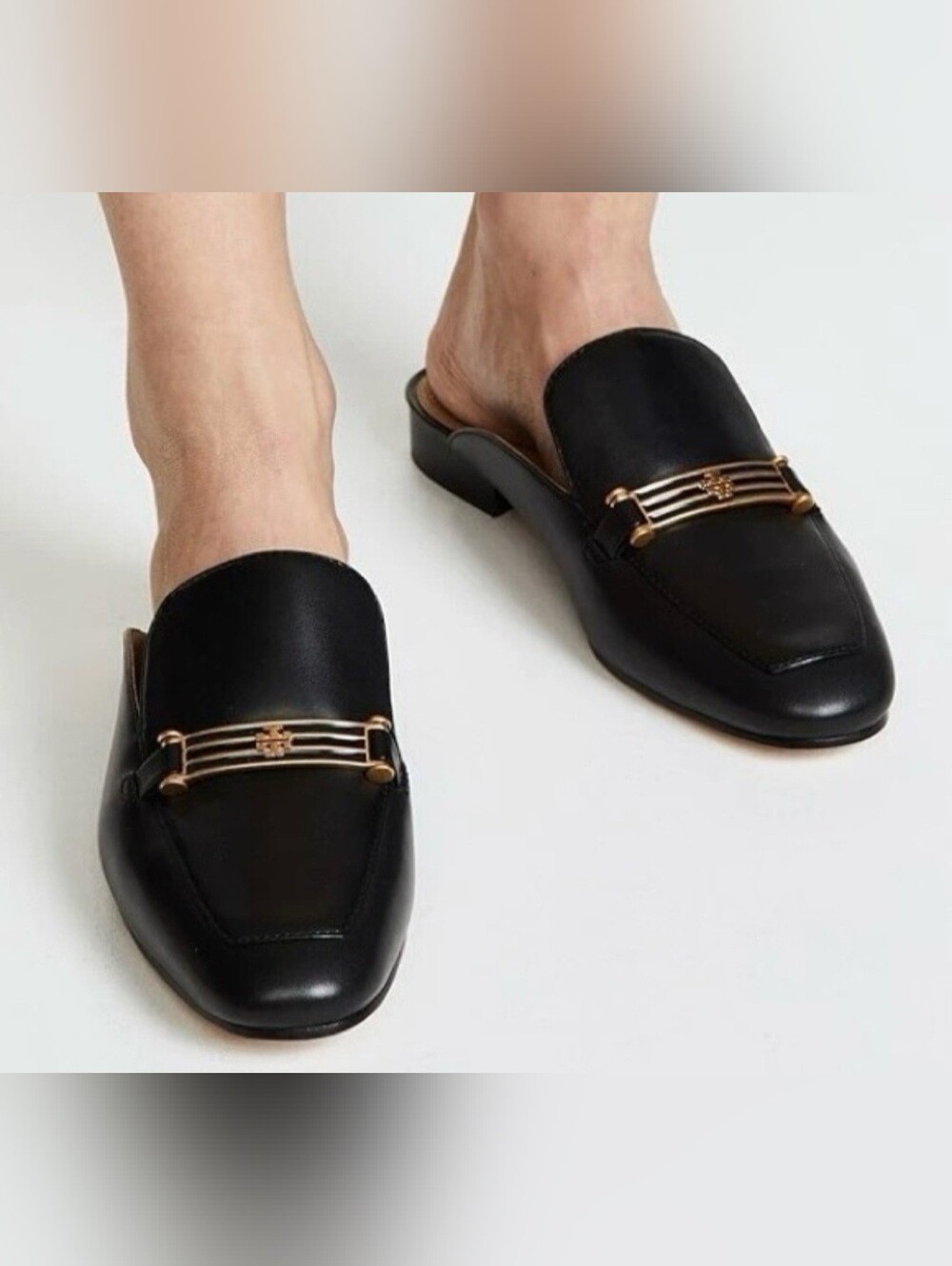 Tory Burch Amelia Calfskin Leather Backless Loafers Gold Logo Hardware Black 9.5 - Picture 8 of 16